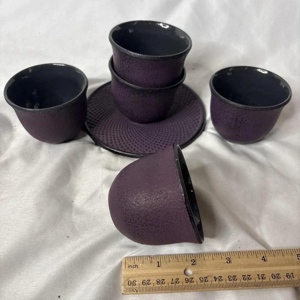 Vtg Purple Hobnail Cast Iron Japanese Tetsubin Teacup Set 5 Cups 1 Saucer